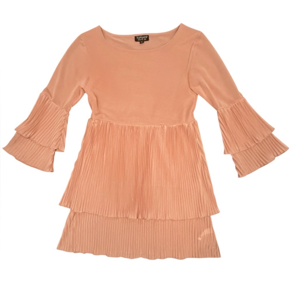 Topshop Blush Pink Long Sleeve Pleated Tiered Mini Dress Size 2/XS